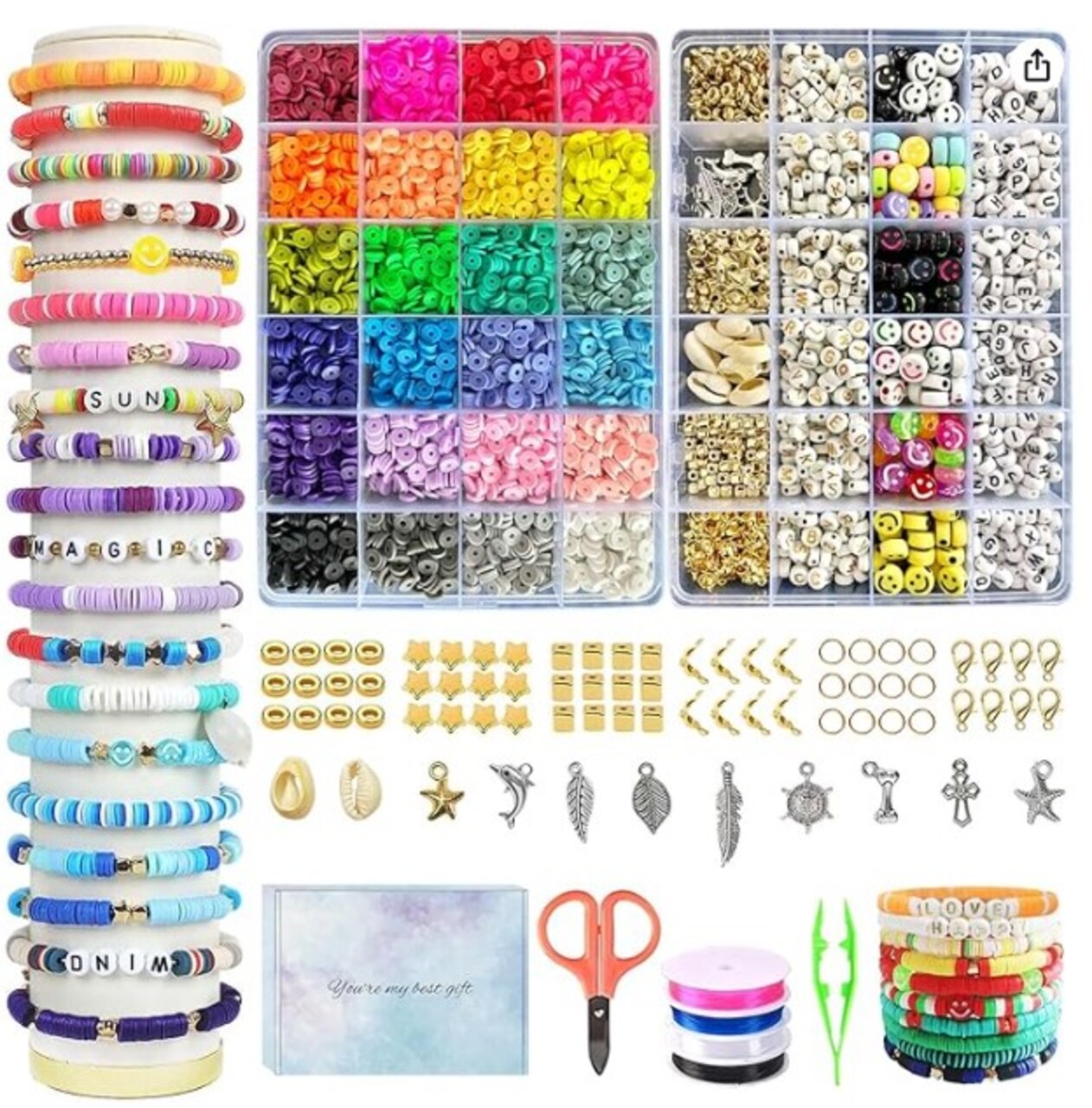 7200 Pcs Clay Beads for Bracelet Making Kit for Kids,DIY Friendship Flat Polymer Heishi with Charms and Elastic Strings,Christmas Jewellery Making Kit Bracelets and Necklace